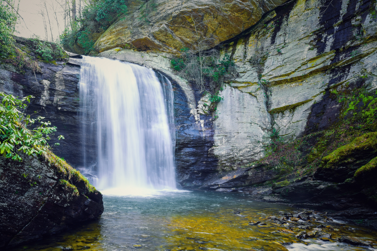 A beautiful cascade waterfall landscape of Looking Glass Falls in Ashville, North Carolina