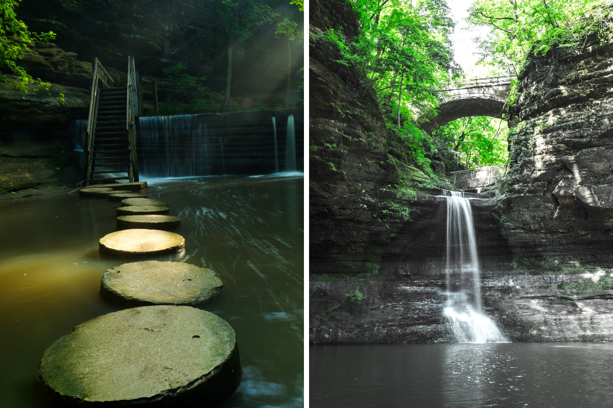 Stepping stones and waterfall at Illinois' Matthiessen State Park.