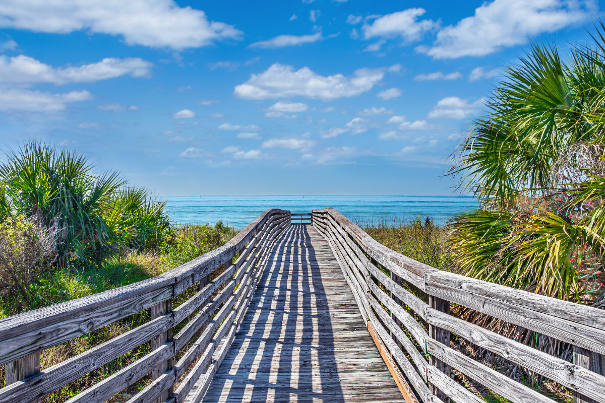 Wooden footpath to the beach at Honeymoon Island State Park.