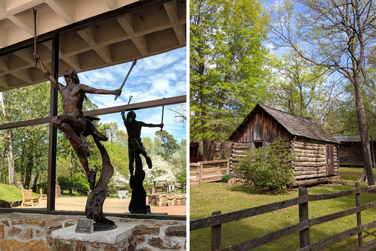 Statue and cabin at Oklahoma's Cherokee Heritage Center.