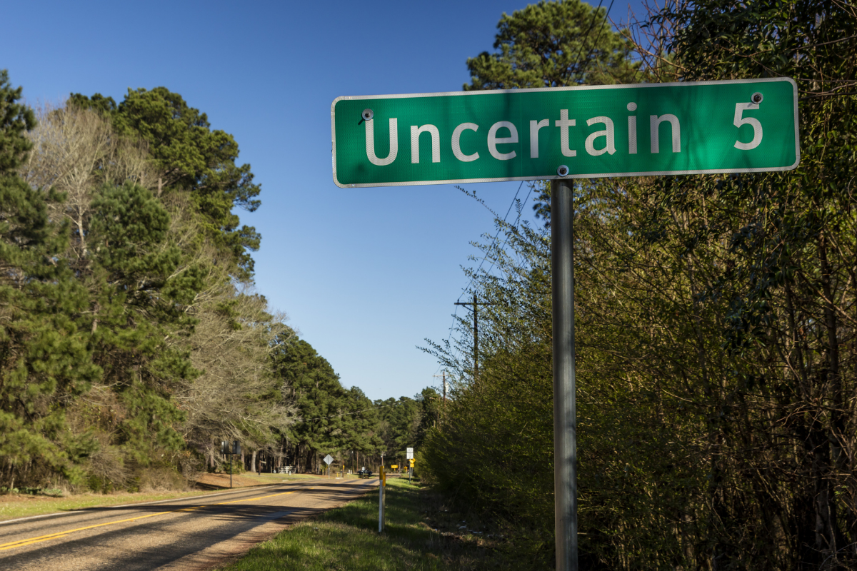 Road sign on the way to Uncertain, Texas.