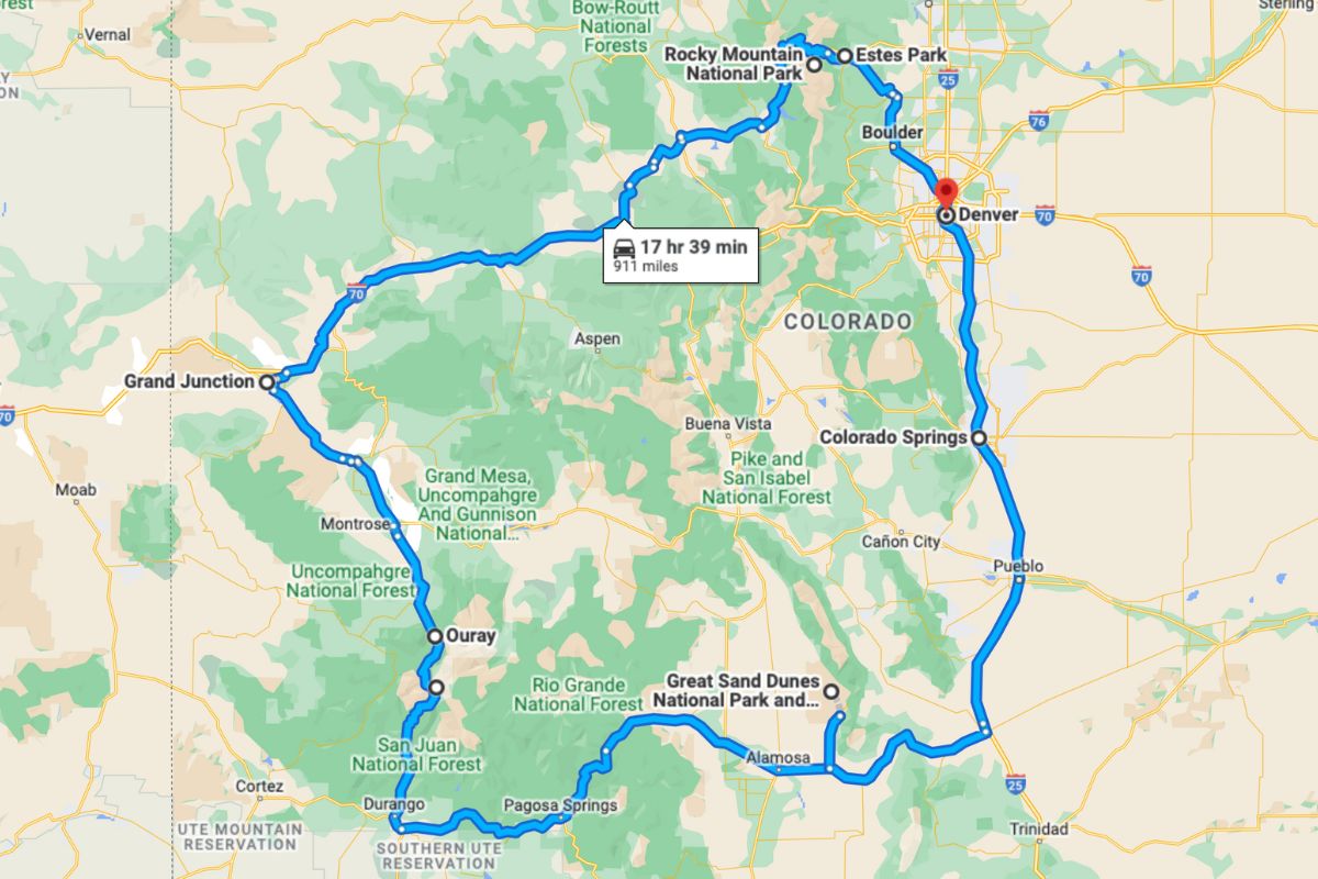 Map of Colorado road trip