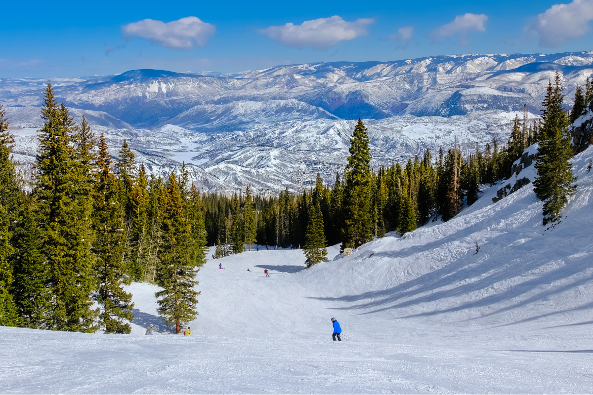View of ski slope in Colorado ski resort on clear winter day; spruces, pine trees, blue sky and mountains in background