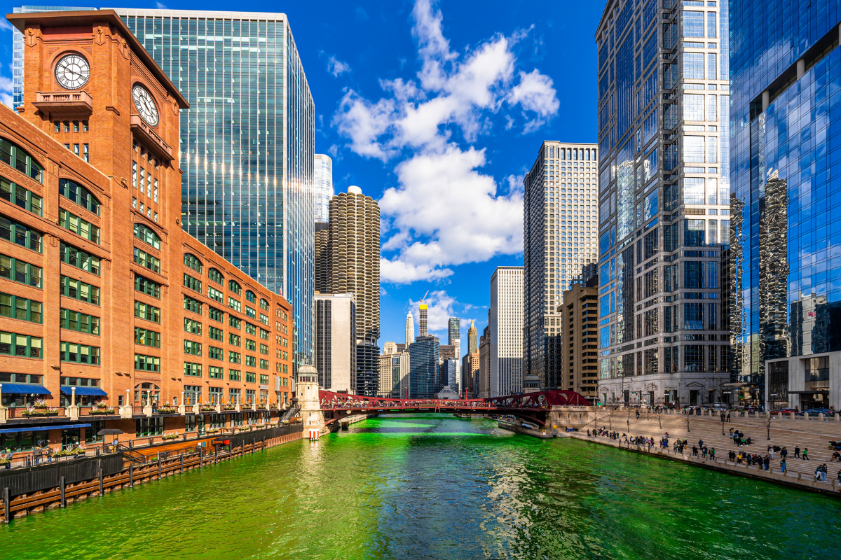 Chicago building and cityscape on Saint Patrick's day with green color dyeing river