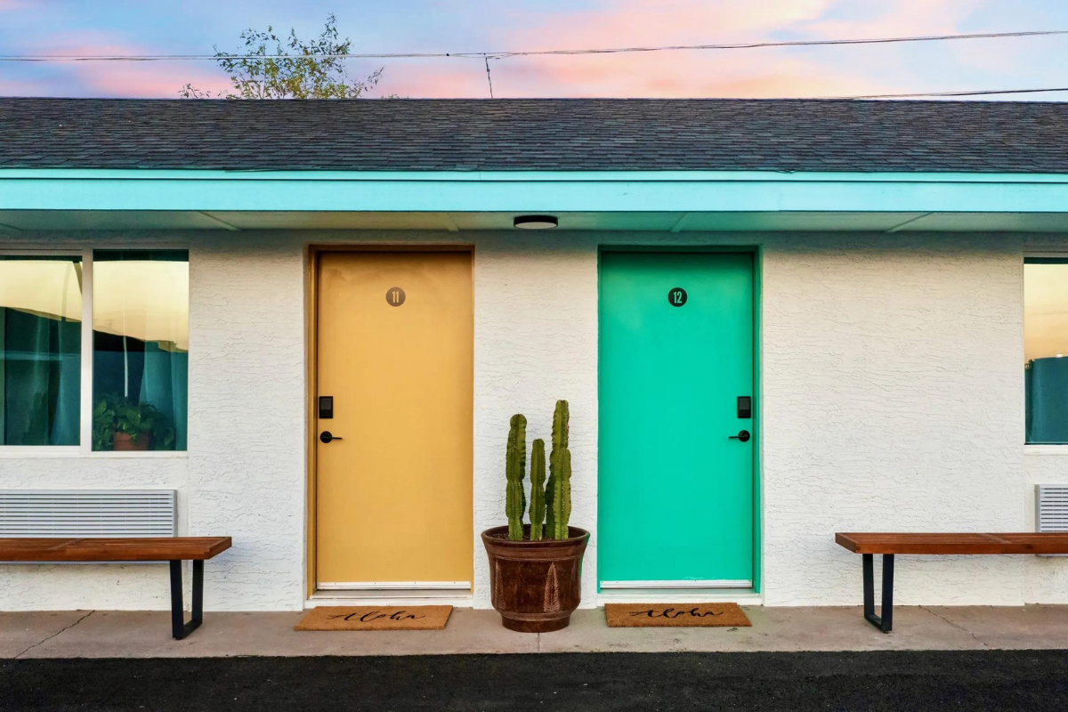 two colorful motel doors