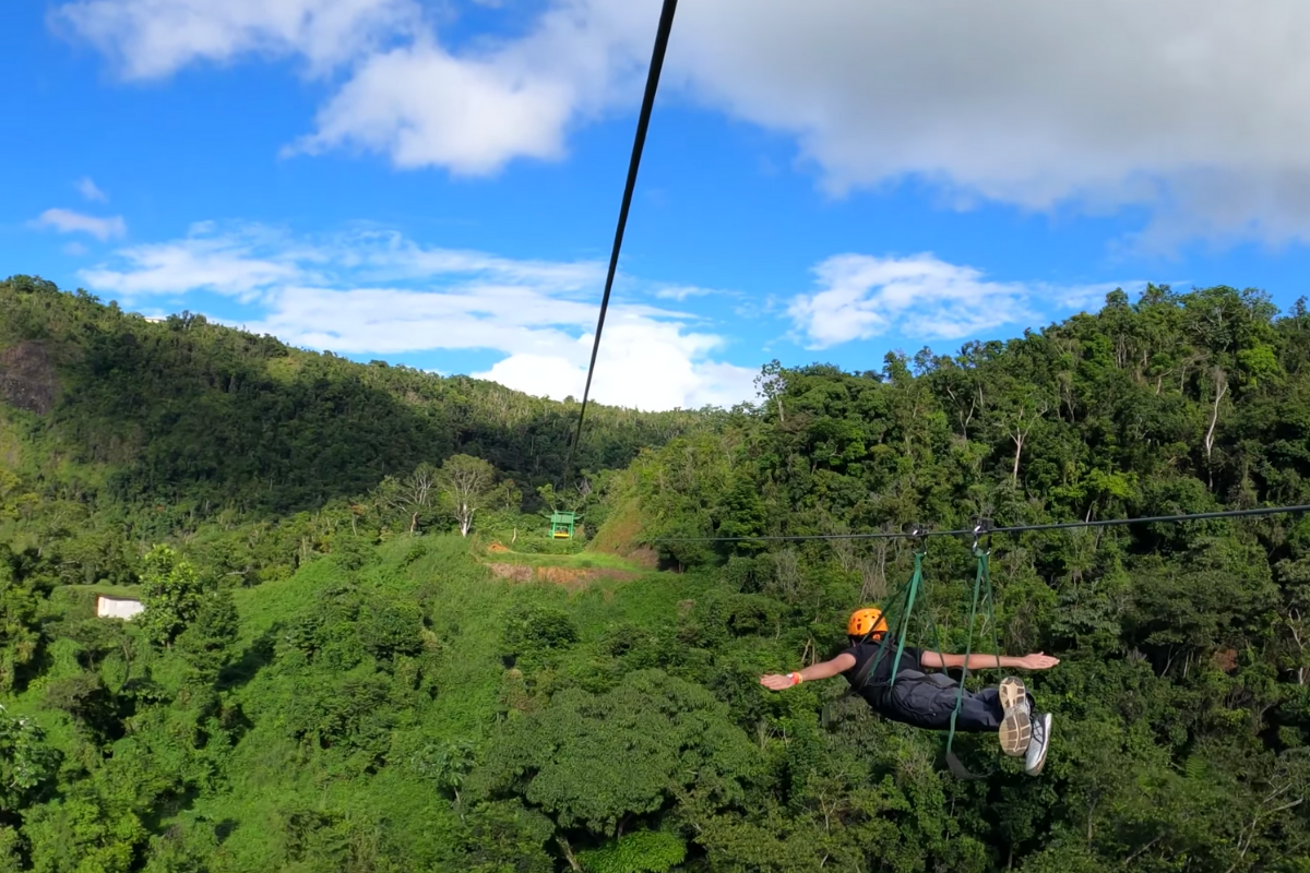 POV of a zipliner through a jungle. blue sky overhead, another zipliner in foreground ahead of camera, arms outstretched like wings