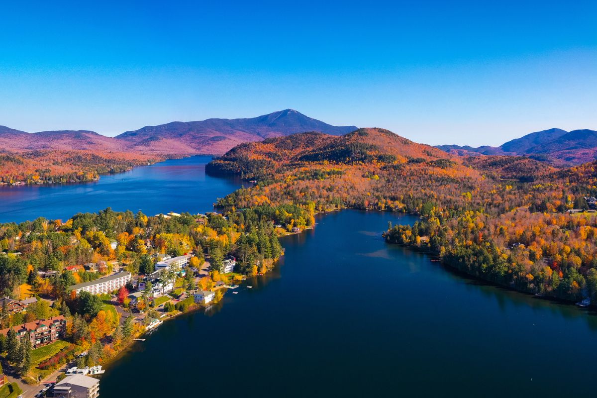 Aerial view of Lake Placid Mountains with Autumn Fall Colors in Adirondacks
